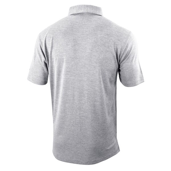 Back of plain grey horizontal ribbed polo.